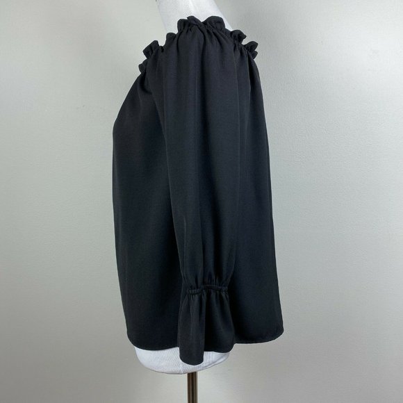 Lulus Top S Off The Shoulder Black Ruffle 3/4‎ Sleeve Solid Dressy Blouse - Picture 7 of 10